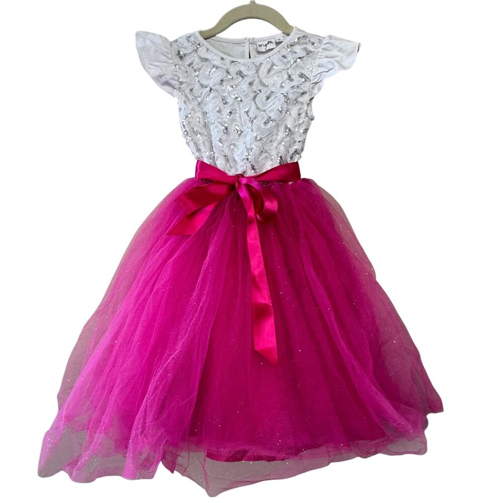 ORIGAMI Sequin Top Tutu Dress Girls 8 Hot Pink & Silver Huge Glitter Party Skirt